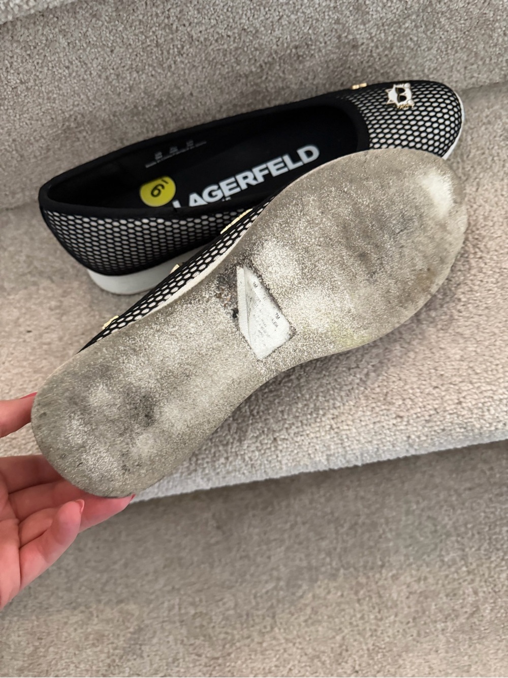Karl Lagerfeld Black and White Mesh Slip-On Flats with Icon Charms - Picture 2 of 3
